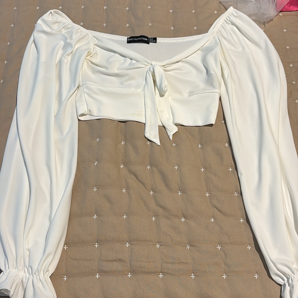 PrettyLittleThing Cream Puff Sleeve Tie-Front Blouse
